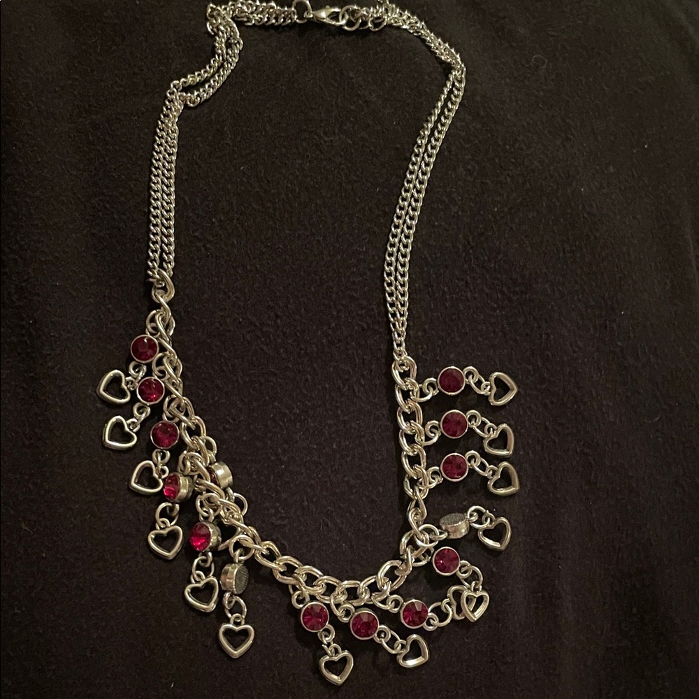 Silver and Red Heart Charm Chainmail Necklace